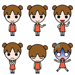 アイコン風人物 お団子ヘア（ツイン）の幼い女の子の様々なポーズ

