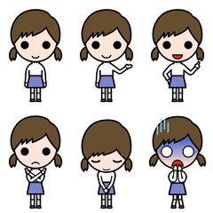 アイコン風人物 おさげ髪の女の子の様々なポーズ