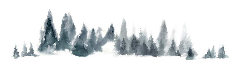 Watercolor forest landscape background. Misty Gray fir forest. Wild nature, frozen, misty, taiga. Abstract horizontal composition