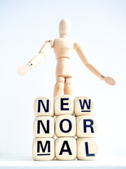 New Normal, words on wooden alphabet cube and wooden figure.