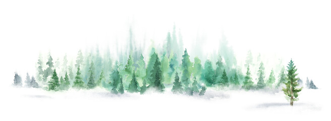 Green landscape of foggy forest, winter hill. Wild nature, frozen, misty, taiga. Watercolor horizontal background