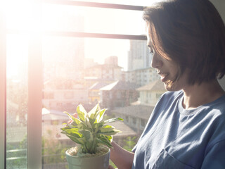 Woman holding green plants in pot at home.
