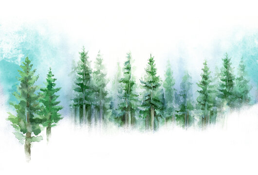Green landscape of foggy forest, winter hill. Wild nature, frozen, misty, taiga. Winter watercolor background