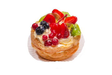 Home made cake with cream and fruits isolated.