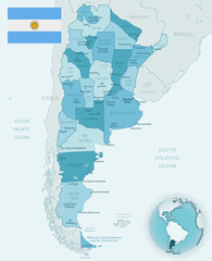 Blue-green detailed map of Argentina administrative divisions with country flag and location on the globe. Vector illustration