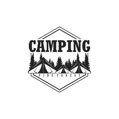 camping and outdoor adventure emblems, logos and badges. Camp tent in forest or mountains. Camping equipment. Vector.