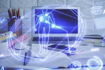 Desktop computer background and education theme drawing. Double exposure. Study concept.