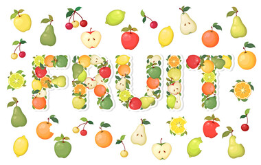 Set of vector colorful cartoon fruits apple, pear, orange, cherry, lemon, lime isolated on white background