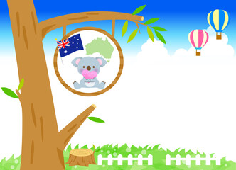オーストラリアでの国旗と地図　かわいいコアラの看板　青空の背景