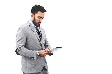 Serious male CEO is reading resume specialists before interview