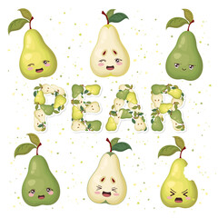 Vector illustration of cute smiling pear cartoon characters and lettering made from pears and leaves isolated on white background