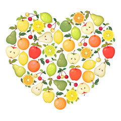 Vector illustration with heart shape made from different fruits isolated on white background. Healthy food concept