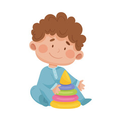 Baby Boy Sitting on the Floor with Pyramid Blocks Toy Vector Illustration