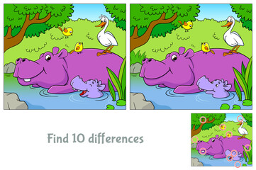 Mom hippopotamus and hippo baby swimming in the river.  Find 10 differences. Educational game for children. Cartoon vector illustration.
