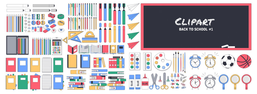 Big school clipart number one. Back to school. Supplies Set. A set of school supplies to create your own composition. Can be used for printing and web.Vector illustration
