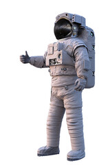 astronaut showing thumbs up, standing spaceman isolated on white background