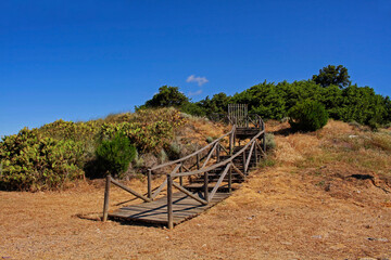 Fototapeta na wymiar wooden footbridge over the dunes of the Doñana Park upon arrival at Matalascañas beach
