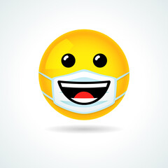 Emoji smile face with guard mouth mask. Yellow happiness smiling emoticon wearing a white surgical mask. Vector joy icon
