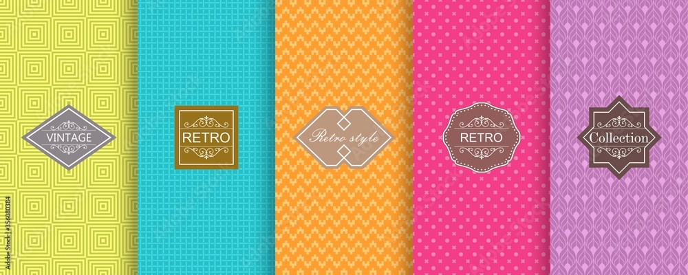Poster Set of Cute bright seamless patterns. Abstract seamless geometric pattern on vibrant background. Vector illustration bright design. 