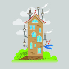 Naklejka premium Vector illustration of a cartoon brick house with a red roof on a background of green grass and summer sky with clouds