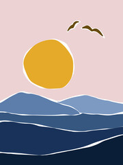 Colorful minimalist mountains landscape with the sun and birds. Vector illustration in pink and blue palette