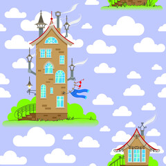 Vector illustration of a cartoon brick house with a red roof on a background of green grass and summer sky with clouds. Seamless pattern