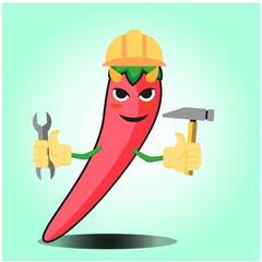 Cute mexican chili engineer cartoon face character with hat, wrench and flower hammer design