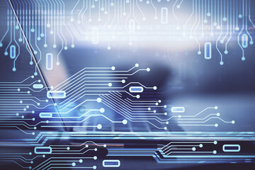 Double exposure of computer and technology theme drawing. Concept of innovation.