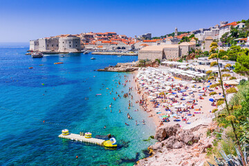 Dubrovnik, Croatia. Public beach and Old Town Dubrovnik.
