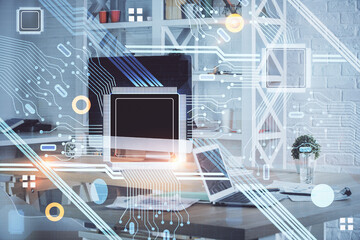 Multi exposure of computer on background and technology theme drawing. Concept of innovation.