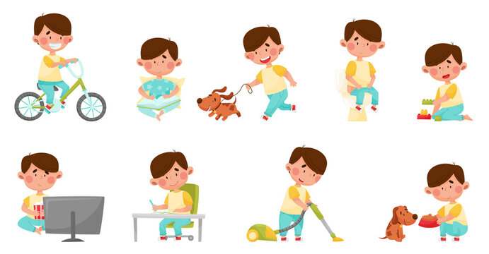 Cute Boy Character Cycling, Reading Book and Walking the Dog Vector Illustrations Set