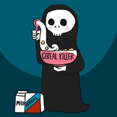 Cereal killer, the death with cereal bowl cartoon vector illustration