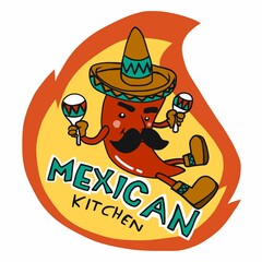 Mexican kitchen logo, chili wear hat cartoon vector illustration