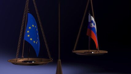 Flags of the European Union and Slovenia on the bowls of the balance scales on a blue background....