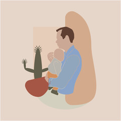 vector drawing dad holding his son in his arms, minimalism picture