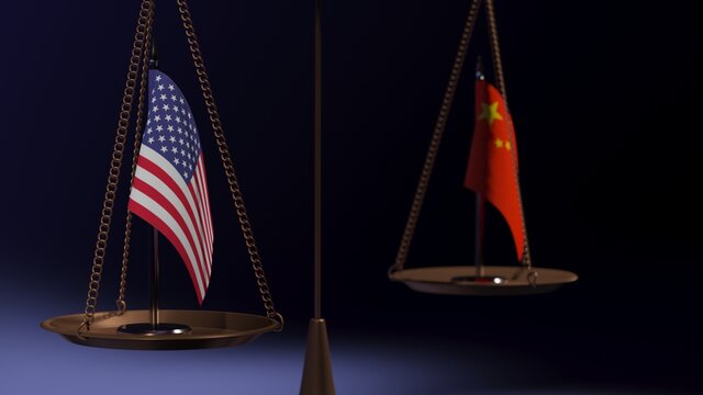 Flags of China and the USA on the bowls of the balance scales on a blue background. 3d rendering