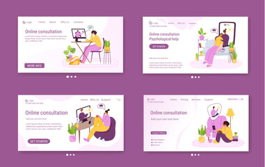Psychological online services landing page template - distance support at home by internet and video calls. Upset people talking with psychologist, individual therapy session or consultation - vector