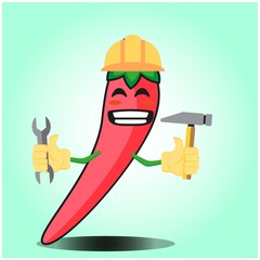 Cute mexican chili engineer cartoon face character with hat, wrench and flower hammer design