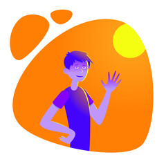 Young man with a welcoming gesture against the background of the sun. Vector illustration for your summer banner, invitation cards, flyers for the party