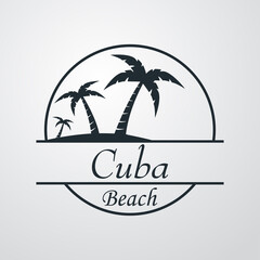 Símbolo destino de vacaciones. Icono plano texto Cuba Beach en círculo con playa y palmeras en fondo gris