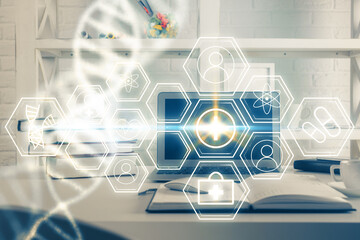 Desktop computer background and DNA drawing. Double exposure. Science concept.