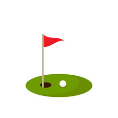golf ball on green grass and hole with red flag. Isolated on white background.
