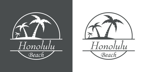 Símbolo destino de vacaciones. Icono plano texto Honolulu Beach en círculo con playa y palmeras en fondo gris y fondo blanco