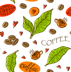 Seamless background with branch of coffee and coffee beans and cups and hearts and hand lettering 