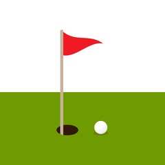 golf ball on green grass and hole with red flag. Isolated on white background.