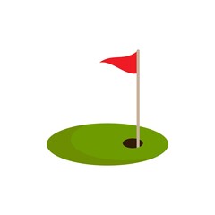 golf red flag on green grass and hole. Isolated on white background.