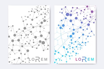 Scientific brochure design template. Vector flyer layout, Molecular structure with connected lines and dots. Scientific pattern atom DNA with elements for magazine, leaflet, cover, poster design.