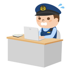 ノートパソコンを見て焦っている男性警察官のイラスト。