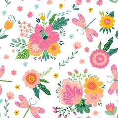 Colorful seamless pattern with insects and flowers. Summer floral repeat background for fabrics or wallpapers. Butterfly and dragonflies design.  © Angelina De Sol