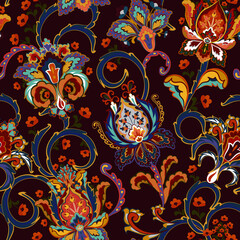 Fantasy flowers seamless paisley pattern. Floral ornament, for fabric, textile, cards, wrapping paper, wallpaper template.